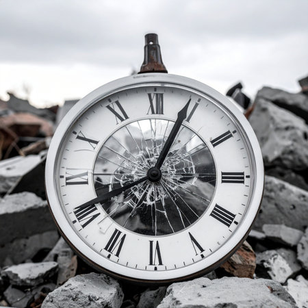 A forgotten clock with a shattered face rests on a pile of rubble under a grey sky. A powerful symbol of stopped time, disaster, and the end of an era, evoking a sense of loss and post-apocalyptic stillness.の素材