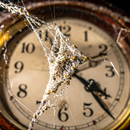 In a forgotten corner, an old clock lies dormant, its hands frozen at a moment long past. A delicate spiderweb, laden with dust, drapes across the cracked glass, a testament to years of neglect and the silent stories trapped within. A powerful metaphor for lost time, memory, and decay.の素材