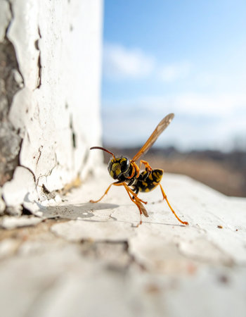 A detailed macro shot captures a solitary wasp resting on a weathered surface with peeling white paint. Against a soft-focus background of a bright blue sky, the insects intricate details are highlighted, creating a scene that balances the beauty of nature with a subtle sense of danger.の素材