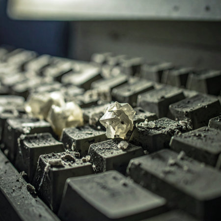 In the heart of an industrial facility, freshly mined raw diamonds rest on a sorting machine. Each uncut stone, a testament to immense geological pressure, awaits the next step in its journey from the earths depths to a symbol of luxury and value.の素材
