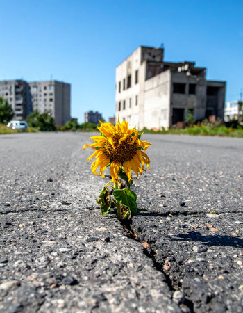 A single, vibrant sunflower defiantly pushes through a deep crack in the asphalt of a desolate urban street. In the background, abandoned buildings stand silent against a clear blue sky, creating a powerful symbol of hope, resilience, and natures enduring strength in the face of decay and neglect.の素材