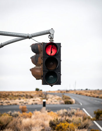 A solitary traffic light glows red, commanding a halt on an empty desert highway. This surreal scene evokes feelings of isolation, waiting, and the strange intersection of human rules and the vast, untamed wilderness. A powerful metaphor for pause, control, or a journey at a standstill.の素材