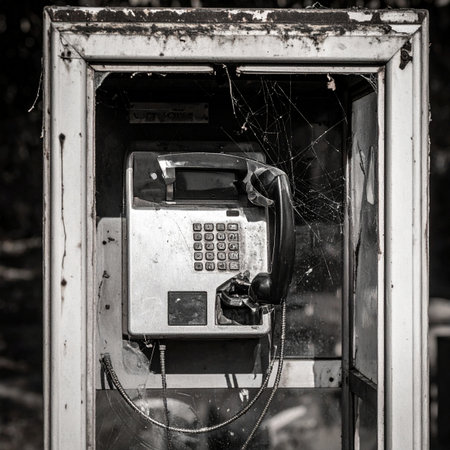 In a forgotten corner, a derelict payphone stands as a silent monument to a bygone era. Covered in grime and cobwebs, its broken receiver hangs uselessly, a symbol of lost connections and the relentless march of time. This image evokes a sense of nostalgia, urban decay, and the quiet loneliness of obsolete technology.の素材