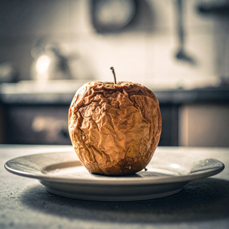 Once a vibrant fruit, this forgotten apple now sits on a plate, its skin deeply wrinkled and shrunken. It serves as a powerful visual metaphor for the passage of time, aging, decay, and the natural cycle of life and decomposition.の素材