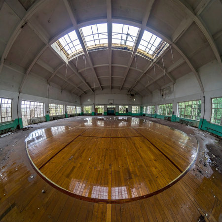 A wide, distorted fisheye view captures the haunting silence of a long-forgotten gymnasium. Sunlight streams through a broken skylight, illuminating a once-gleaming basketball court now left to decay. The empty space echoes with memories of past games and cheering crowds.の素材