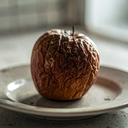 A single, wrinkled apple sits on a plate, its skin shriveled with age. This still life captures the quiet beauty of decay and the inevitable passage of time, representing concepts of mortality, memory, and the natural cycle of life and decomposition.の素材
