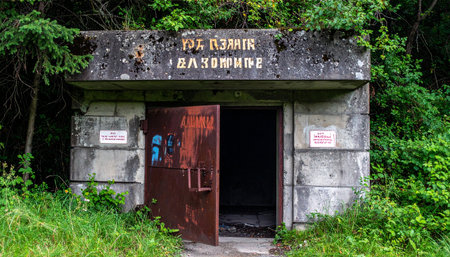 Deep within a forgotten forest, the entrance to a Cold War-era bomb shelter stands partially open, inviting explorers to uncover the secrets of a bygone era. Weathered concrete and rusted doors hint at stories of survival and secrecy hidden within its dark interior.の素材