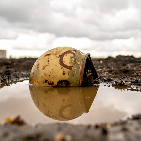 A lone, weathered helmet, a relic of a past conflict or forgotten job, lies half-submerged in a muddy puddle. Its reflection stares back from the murky water under a heavy, overcast sky, evoking a sense of loss, memory, and the quiet aftermath of struggle.の素材
