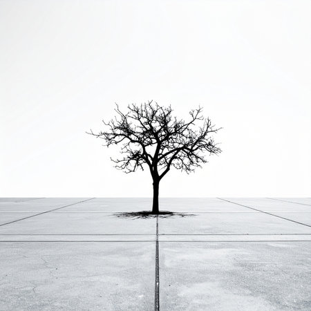 In a stark, minimalist world of white and grey, a single bare tree stands as a testament to resilience. Its dark silhouette offers a focal point of quiet strength and solitude, symbolizing hope and endurance against a vast, empty landscape. A powerful visual for concepts of loneliness, survival, and zen-like simplicity.の素材
