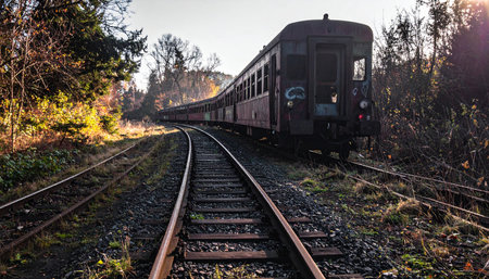 An old passenger train emerges from a curve on a rustic railway, its path illuminated by the warm, golden light of a setting sun. The journey through the quiet autumn forest evokes a sense of nostalgia and peaceful adventure, a timeless passage through a beautiful, natural landscape.の素材