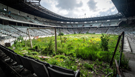 In a striking display of natures power, a dense forest has taken root within the concrete confines of a forgotten stadium. This surreal landscape evokes a post-apocalyptic world where civilization has receded, allowing wilderness to reclaim its territory, creating a powerful statement on environmental change and the passage of time.の素材