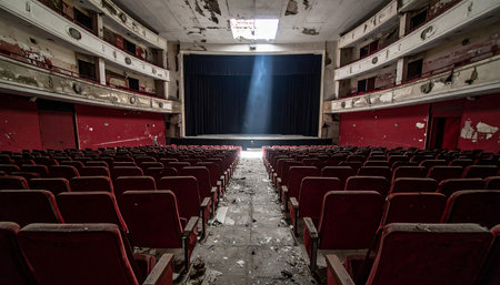 In the profound silence of a long-forgotten theater, a single beam of light cuts through the darkness, illuminating the dusty stage. Its a final, ghostly performance for an audience of empty, decaying seats, echoing with the memories of past applause and grandeur.の素材