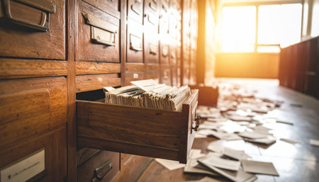 Sunlight streams into a forgotten archive, illuminating an open drawer of an old wooden card catalog. Papers and files are scattered across the floor, hinting at a frantic search, a long-forgotten story, or the chaos of uncovering hidden information.の素材
