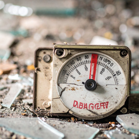 In the ruins of a forgotten facility, a broken gauge lies among shattered glass. Its needle is frozen, but the hand-scrawled word DANGER serves as a chilling, final warning from a bygone era, hinting at a catastrophic event.の素材