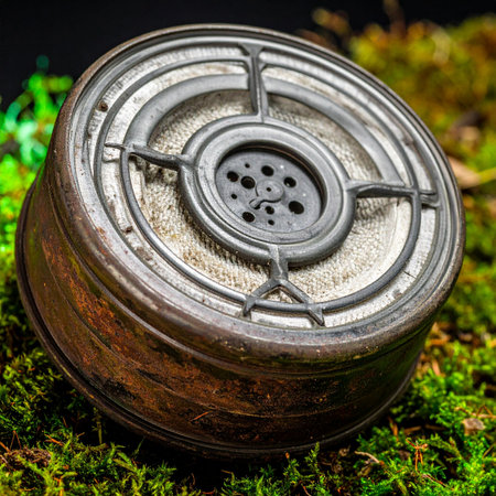 A mysterious, weathered industrial artifact rests on a bed of vibrant green moss. This forgotten piece of technology, with its intricate metal design, hints at a lost era, blending the worlds of steampunk machinery and the quiet reclamation by nature.の素材