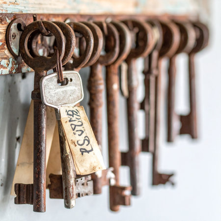 A collection of old, rusted skeleton keys hangs in a neat row, each one a relic of a forgotten time. One key, marked with a faded paper tag, stands out, hinting at a specific story or a secret waiting to be unlocked. This image evokes themes of history, security, mystery, and the potential of finding the right solution.の素材