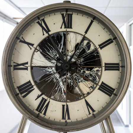 The moment time shattered. A close-up of a vintage clock with a broken glass face, its hands frozen amidst the chaos of cracked shards. This powerful image symbolizes a missed deadline, a critical failure, or the dramatic end of an era, representing concepts of stress, loss, and the irreversible passage of time.の素材