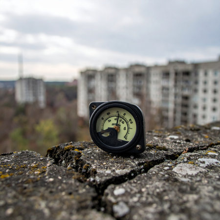 An old, forgotten measuring device rests on a cracked concrete ledge, its needle frozen in time. In the blurred background, the stark silhouettes of decaying city blocks stand against a bleak, overcast sky, suggesting a story of a world left behind and the silent monitoring of an unknown environmental factor.の素材