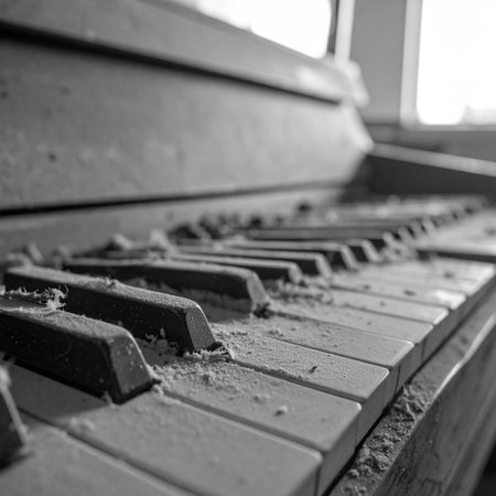 In a forgotten room, an old piano sits in silence, its keys blanketed in years of dust. Once filled with music and life, it now holds only the echoes of past melodies, a poignant symbol of time passed, memory, and beautiful decay.の素材