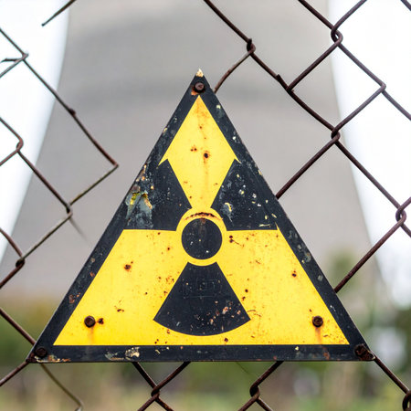 A weathered radiation warning sign hangs on a chain-link fence, a stark symbol of the unseen danger that lies beyond. The blurred industrial background hints at a nuclear facility or a restricted zone, creating a sense of caution and mystery.の素材