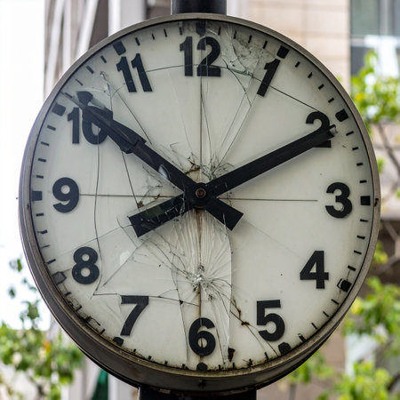 The shattered glass face of an old street clock marks a moment frozen in time. Its cracked surface and stopped hands tell a story of decay and forgotten memories, a powerful metaphor for deadlines missed, the end of an era, or the fragility of time itself.の素材