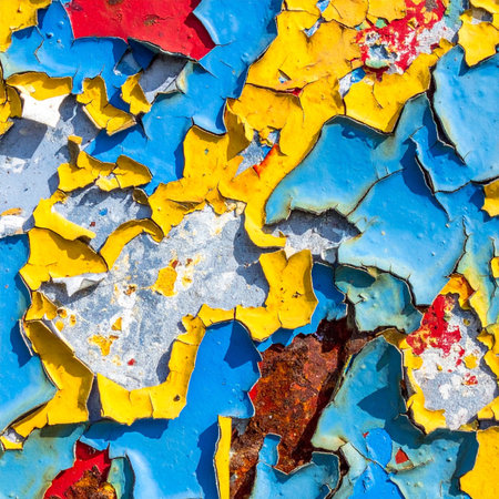 Layers of vibrant blue and yellow paint crack and peel away from a weathered surface, revealing hints of rust and history underneath. This close-up abstract captures the beauty in decay and the passage of time, creating a dynamic and textured background.の素材
