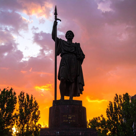 As the sun sets in a blaze of orange and purple, the silhouette of an ancient warrior stands as a timeless guardian. This powerful monument commemorates a heroic past, its form a stark and majestic symbol of strength, history, and enduring legacy against a dramatic evening sky.の素材