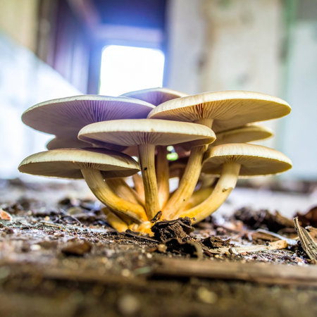 In the quiet solitude of a forgotten, derelict building, a resilient cluster of wild fungi emerges from the decaying floor. Bathed in soft light from a distant window, this scene captures the powerful cycle of natures reclamation and the unexpected beauty of life thriving in places of urban decay.の素材