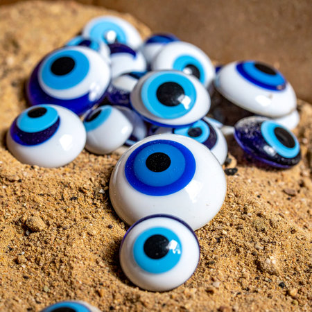A collection of traditional blue and white Turkish evil eye amulets, known as Nazar boncugu, rests on a bed of coarse sand. Each glass bead is a powerful symbol of protection, believed to ward off misfortune and negative energy, offering a sense of ancient tradition and spiritual safeguarding.の素材