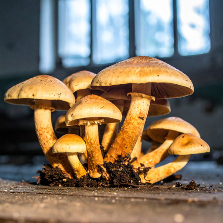 In a quiet, forgotten corner, a cluster of wild mushrooms emerges from the darkness, their caps illuminated by the soft, diffused light filtering through a distant window. A symbol of natures resilience and the beauty found in decay and regrowth.の素材