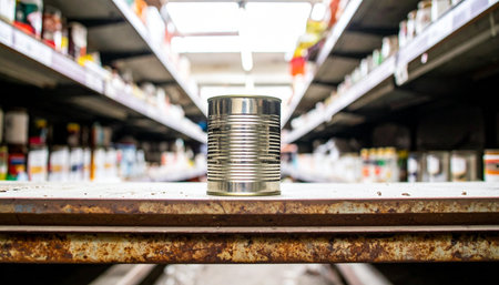 From a low angle perspective, a single, unlabeled tin can sits prominently on a grocery store shelf. The blurred aisles behind it are filled with countless other products, highlighting themes of consumer choice, simplicity, and the unknown contents of this generic item.の素材