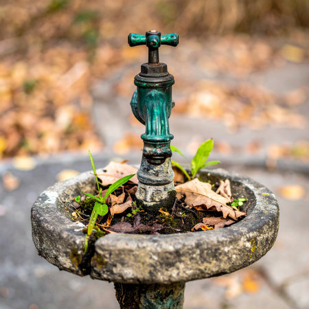 An old, weathered water tap stands silent in a stone basin, a relic of past seasons. Autumn leaves now fill the bowl where water once flowed, symbolizing the quiet passage of time and natures gentle reclamation of forgotten things.の素材
