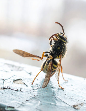 A detailed macro photograph captures a wasp in a moment of self-care, meticulously cleaning its antennae while perched on a weathered, peeling blue surface. The soft, bright background highlights the intricate details of the insects body and wings, offering an intimate glimpse into the world of this common but often misunderstood creature.の素材