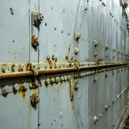 A close-up perspective of a weathered industrial wall, its gray steel plates held together by a long, repeating line of rusty bolts. The visible corrosion and aged texture tell a story of endurance, heavy industry, and the relentless passage of time, making it an ideal background for themes of strength, history, and resilience.の素材