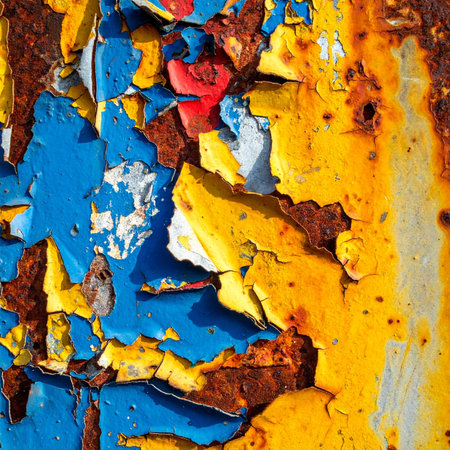 A macro photograph capturing the abstract beauty of decay. Layers of vibrant blue and yellow paint crack and peel away from a corroded metal surface, revealing the rich, textured history of time and weather. This image evokes a sense of industrial grunge and the Japanese concept of wabi-sabi, finding beauty in imperfection.の素材