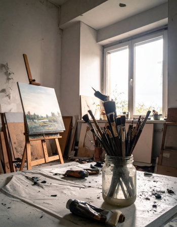 In a quiet, sun-drenched studio, the creative process unfolds. A half-finished cityscape rests on an easel, while brushes await their next stroke in a jar, surrounded by the beautiful chaos of paint tubes and splatters. This is the authentic space where inspiration comes to life.の素材