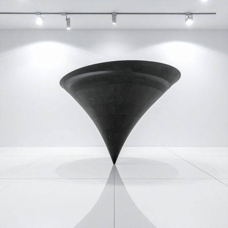 A striking black sculpture, an inverted cone poised on its tip, stands in a pristine white gallery. The minimalist environment and monochrome palette emphasize the objects bold, abstract form, creating a sense of modern elegance and profound simplicity.の素材