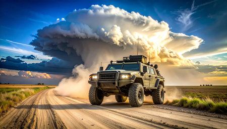 A powerful armored tactical vehicle kicks up a cloud of dust as it speeds down a remote dirt road. In the background, a massive and dramatic storm cloud billows into the sky, creating an epic and intense scene of power meeting natures force. This image conveys themes of adventure, resilience, and confronting overwhelming challenges.の素材