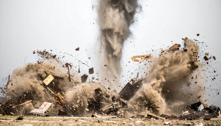 A powerful detonation erupts from the ground, captured at the peak of its destructive force. A chaotic cloud of dust, smoke, and shattered debris explodes outwards against a stark background, illustrating a moment of intense energy release and sudden, violent transformation.の素材