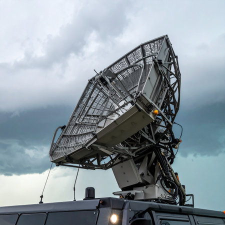 A powerful mobile radar unit is deployed, its large dish antenna pointed towards an ominous, cloudy sky. This advanced system is actively scanning the atmosphere, gathering critical data for weather forecasting, scientific research, or a crucial surveillance mission.の素材