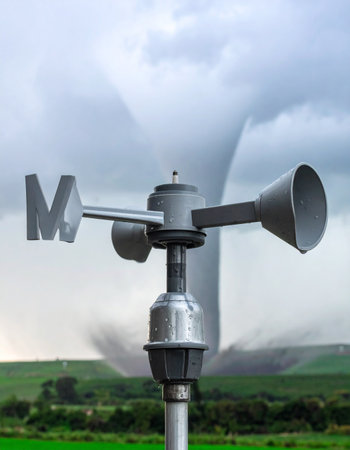 A scientific anemometer stands in the foreground, its cups ready to measure the immense power of a massive tornado forming in the background. This dramatic scene captures the tension between meteorological science and the raw, unpredictable force of a severe weather event, symbolizing danger, climate research, and the urgency of storm warnings.の素材