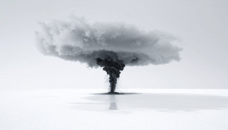 An immense, dark mushroom cloud billows upwards in a stark, sterile white environment. This minimalist and conceptual image captures the silent, awe-inspiring, and terrifying power of a nuclear explosion, symbolizing ultimate destruction, a catastrophic event, or a powerful, world-altering idea.の素材