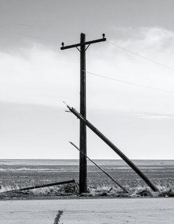 A lone utility pole stands broken and splintered in a vast, empty landscape. The scene, rendered in stark black and white, evokes a sense of desolation, disconnection, and the quiet aftermath of a powerful event. A metaphor for failure, decay, or a breakdown in communication.の素材