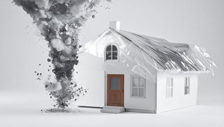 A minimalist white house stands vulnerable against a stark background as a dark, abstract tornado forms nearby. This powerful 3D rendering visualizes concepts of risk, impending disaster, property insurance, and the fragility of security in the face of overwhelming forces.の素材