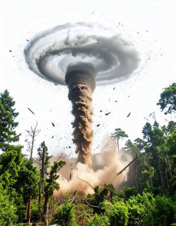 A colossal tornado carves a path of destruction through a dense forest, its powerful vortex churning up earth and splintering trees. Debris flies through the air, a testament to the raw, untamed force of nature in this dramatic and terrifying weather event.の素材