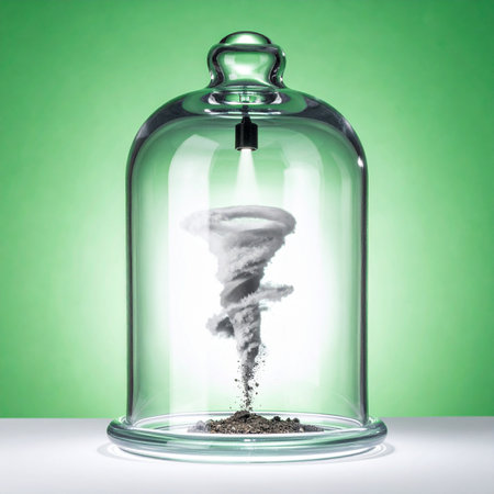 A powerful tornado is safely contained within a glass bell jar, representing the scientific study and control of chaotic natural forces. This conceptual image symbolizes managing risk, harnessing power, and understanding complex problems in a controlled environment.の素材