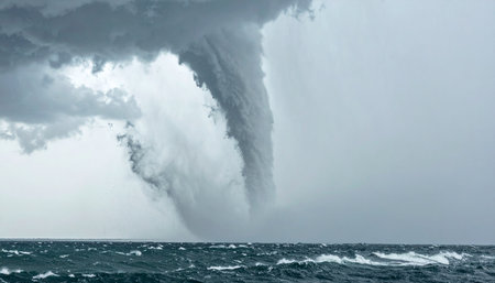 A massive waterspout churns the turbulent ocean surface, its powerful vortex connecting the dark, ominous storm clouds to the churning sea below. This dramatic display of natures raw power captures a moment of both terrifying beauty and immense danger.の素材