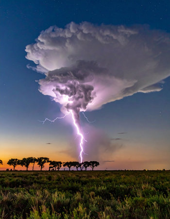 As the sun sets over the vast savanna, a colossal storm cloud unleashes a brilliant bolt of lightning, illuminating the landscape in a breathtaking display of natures raw power. The dramatic scene captures a moment of intense energy and wild, untamed beauty.の素材