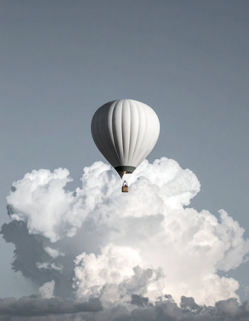 A solitary white hot air balloon ascends gracefully, emerging from a vast, fluffy cloud into the quiet grey sky. This surreal and minimalist scene evokes a sense of peaceful adventure, imagination, and the serene beauty of a dream-like journey towards new horizons.の素材