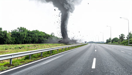 A massive, destructive tornado touches down in the distance, viewed from the unnerving perspective of an empty highway. The powerful funnel cloud churns up debris, symbolizing immense natural power, impending danger, and the urgent need for escape in the face of a catastrophic weather event.の素材